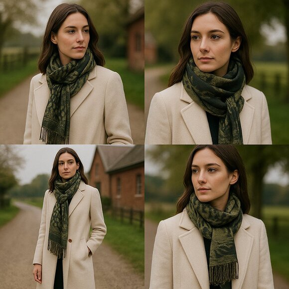 Vintage Pashmina-Style Jacquard Shawl – Olive & Black Reversible Wrap - Picture 1 of 15